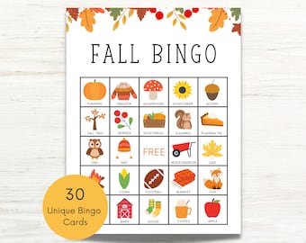 Fall Bingo Printable Game, 30 Fall Bingo Cards, Autumn Bingo, Fall Class Bingo, Fall Bingo Printout, Fall Classroom Party, Harvest Bingo