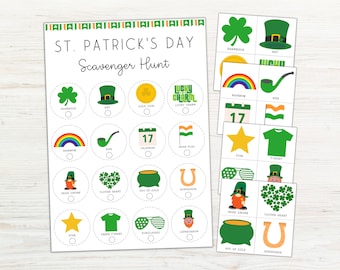 St. Patrick's Day Scavenger Hunt with Picture Cards to Hide Printable, Indoor Treasure Hunt, St. Patrick's Game for Kids, Classroom Activity