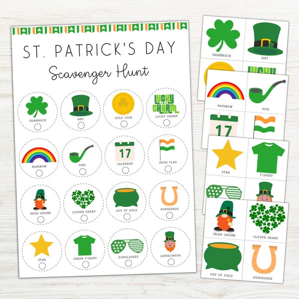 Chasse au trésor de la Saint-Patrick avec cartes à images imprimables à cacher, chasse au trésor en intérieur, jeu de la Saint-Patrick pour enfants, activité en classe