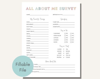 All About Me Survey Editable Printable, Getting To Know You, Coworker Questions, Employee Favorite Things, Appreciation, Gift Exchange Team