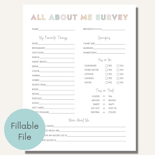 All About Me Survey Editable Printable, Getting To Know You, Coworker Questions, Employee Favorite Things, Appreciation, Gift Exchange Team