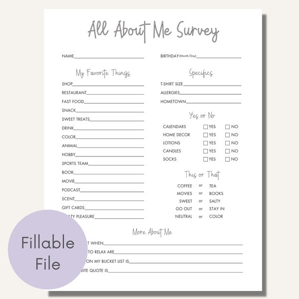 All About Me Survey Editable Printable, Getting To Know You, Coworker Questions, Employee Favorite Things, Appreciation, Gift Exchange Team