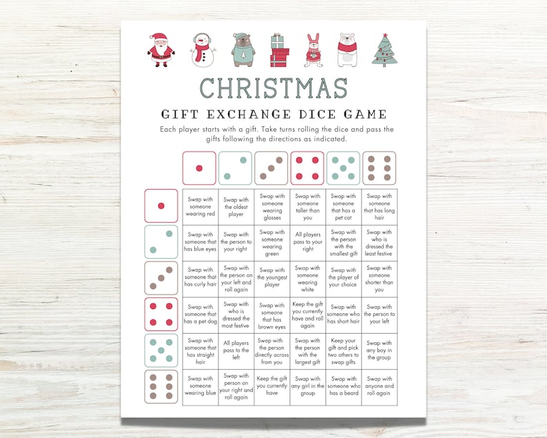 Christmas Gift Exchange Dice Game Printable, Roll the Dice Holiday Gift Exchange, White Elephant, Pass the Gift Game, Christmas Party Games image 1