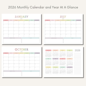 2026 Monthly Calendar Printable, Year at a Glance Template, Homeschool Planner, Minimalist Calendar, A4 Monthly Planner, Schedule, Dated