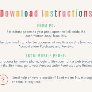 May include: Download instructions for a digital product on Etsy. The instructions explain how to access the download from a computer or mobile phone. A question mark icon with a speech bubble indicates that help is available.