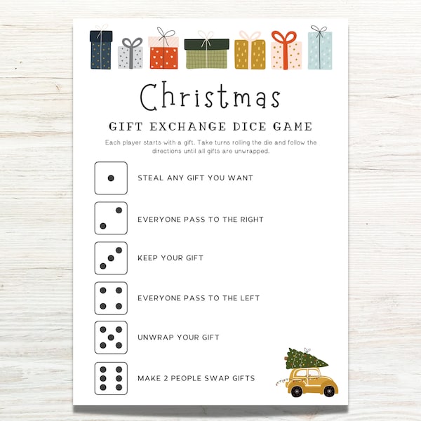 Christmas Gift Exchange Dice Game, Christmas White Elephant Gift Exchange, Present Swap, Holiday Christmas Party Games, Dice Game Printable