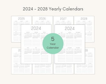2024-2028 Year Calendar Printable, Two Page Yearly Planner, Year At a Glance, Modern Calendar, 12 Month Overview, Important Dates Download