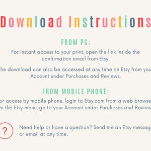 Puede incluir: Instrucciones de descarga para productos digitales comprados en Etsy. Se proporcionan instrucciones para acceder a las descargas desde una computadora y un tel&eacute;fono m&oacute;vil. Se incluye un icono de signo de interrogaci&oacute;n con un globo de di&aacute;logo para obtener ayuda adicional.