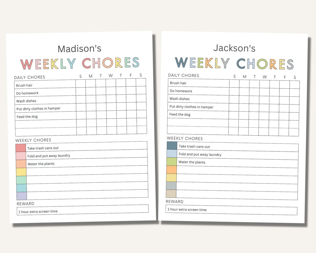 Chore Chart for Kids Editable Daily and Weekly Kids Chore - Etsy