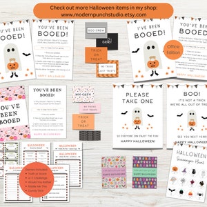 May include: A set of printable Halloween party decorations featuring ghosts, pumpkins, and bats. The decorations include signs that say "You've Been Booed!" and "Boo! It's not a trick, we're all out of treats." There are also printable games and activities, such as a scavenger hunt and a "Would You Rather" game.