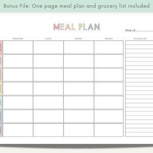 K&ouml;nnte beinhalten: Ein druckbarer Speiseplan mit einer w&ouml;chentlichen Einkaufsliste. Der Planer hat Abschnitte f&uuml;r Fr&uuml;hst&uuml;ck, Mittagessen, Abendessen und Snacks. Die Wochentage sind auf der linken Seite des Planers aufgelistet.