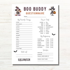 Boo Buddy Questionnaire, Boo Buddies Printable, Halloween Gift Exchange Survey, Getting to Know You, Favorites Survey, Coworker Questions