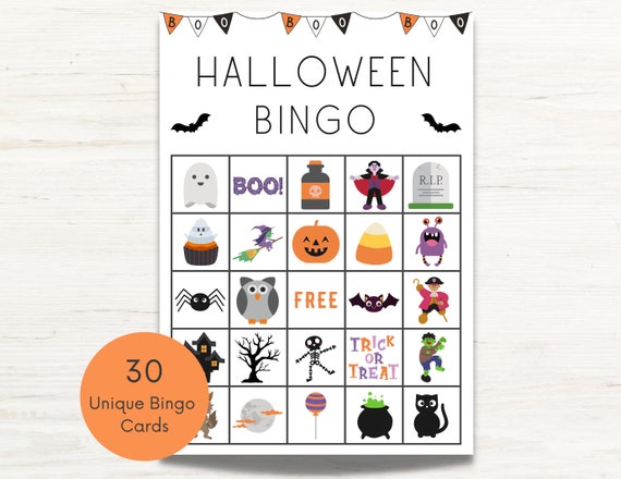 Halloween Bingo Cards Printable, 30 Halloween Bingo Cards, Halloween Classroom Activity, Kids Halloween Party Game, Classroom Halloween Game