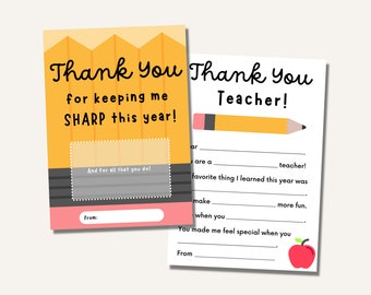 Teacher Appreciation PRINTABLE Gift Card Holder, End of Year, Teacher Thank You Card Set, About Teacher, Appreciation Week, Fill in blank