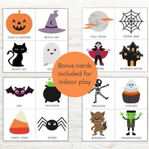 Może przedstawiać: Zestaw 16 drukowanych kart tematycznych Halloween z ilustracjami r&oacute;żnych postaci i przedmiot&oacute;w o charakterze straszydła, takich jak dynia, kapelusz czarownicy, pełnia księżyca, pajęczyna, czarny kot, duch, wampir, nawiedzony dom, nietoperz, kocioł, szkielet, babeczka, kukurydza, pająk, wilkołak i Frankenstein. Karty są przeznaczone do zabawy w pomieszczeniach.