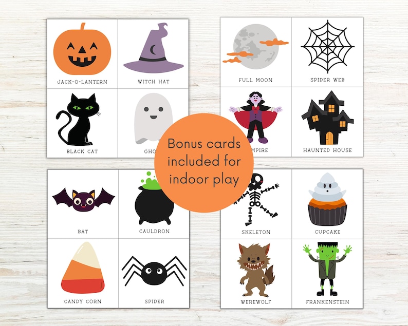 Może przedstawiać: Zestaw 16 drukowanych kart tematycznych Halloween z ilustracjami r&oacute;żnych postaci i przedmiot&oacute;w o charakterze straszydła, takich jak dynia, kapelusz czarownicy, pełnia księżyca, pajęczyna, czarny kot, duch, wampir, nawiedzony dom, nietoperz, kocioł, szkielet, babeczka, kukurydza, pająk, wilkołak i Frankenstein. Karty są przeznaczone do zabawy w pomieszczeniach.