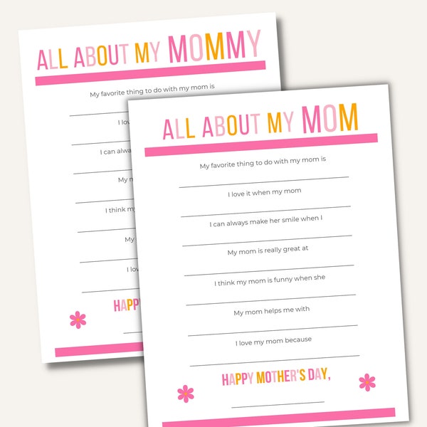 All About My Mom Printable, Mommy, Mothers Day Questionnaire, Questions for Kids, Easy Gift for Mom, Fun Facts About, Last Minute, Keepsake