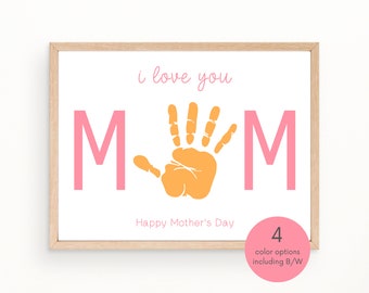 Mother's Day Handprint Art, I Love You, Happy Mothers Day Printable, Keepsake Craft for Mom, Last Minute Craft for Kids Baby Toddler Child