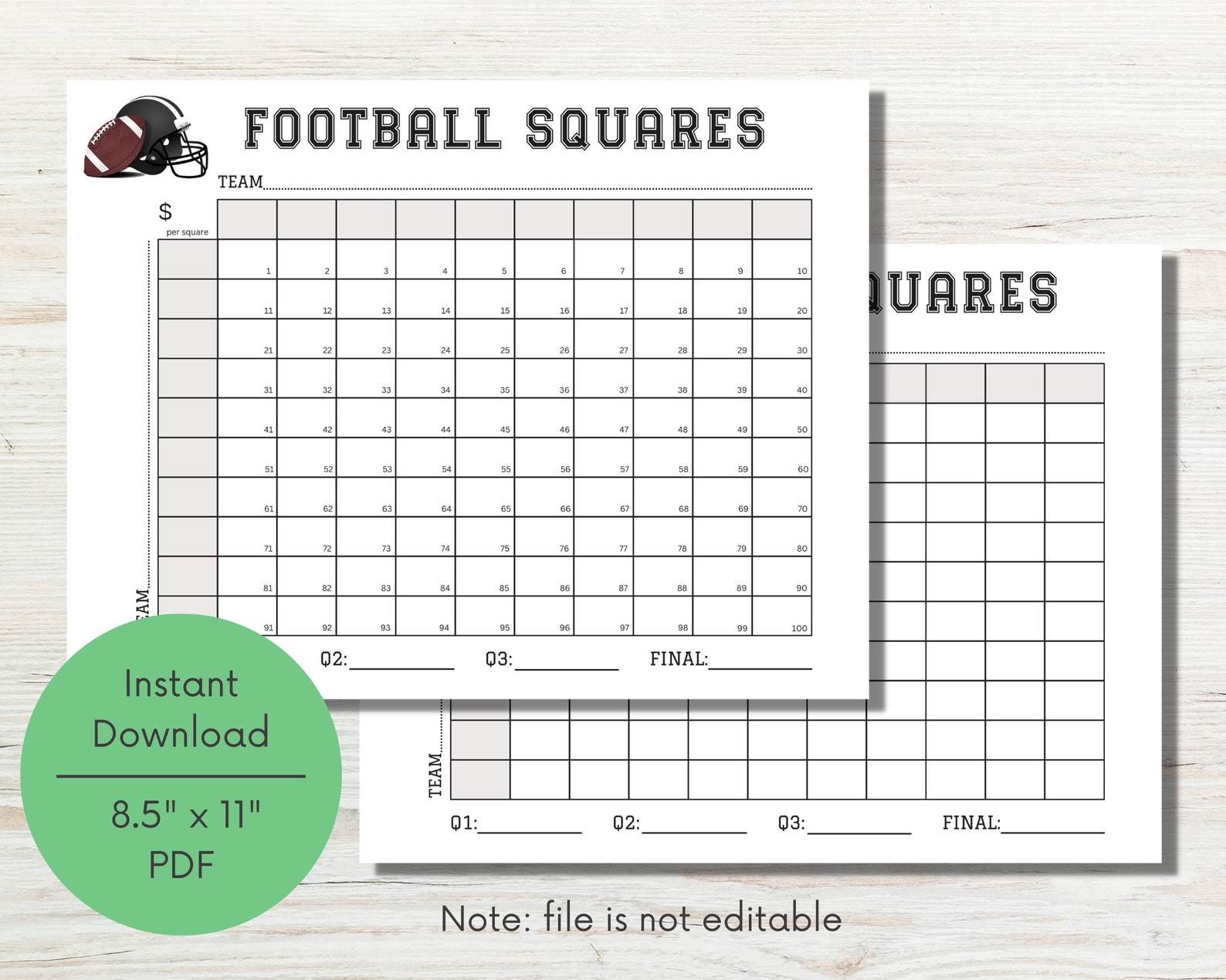 Football Squares Printable, Football Square Fundraiser, 100 Square