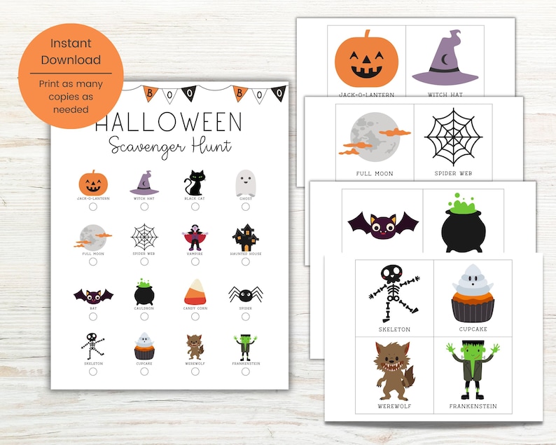 Może przedstawiać: Drukowana gra w halloweenową grę w chowanego z listą kontrolną 12 przedmiot&oacute;w o tematyce halloweenowej do znalezienia, w tym dyni, kapelusza czarownicy, czarnego kota, ducha, pełni księżyca, pajęczyny, wampira, nawiedzonego domu, nietoperza, kukurydzy cukrowej, pająka, szkieletu, babeczki, wilkołaka i Frankensteina.