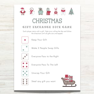 Kerstcadeau-uitwisselingsspel, Gooi de dobbelstenen-uitwisseling, Links-rechts-spel, Geheime Kerstman, Witte Olifant-cadeau-uitwisseling, Geef het cadeau-spel door