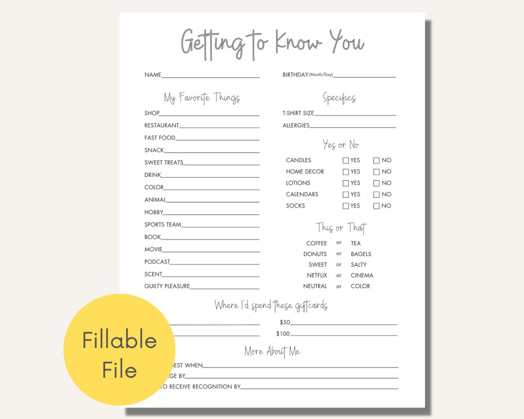 Getting to Know You Editable Printable, All About Me Survey, Employee ...