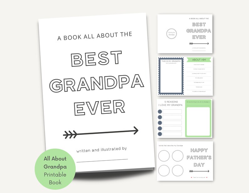 以下が含まれることがあります： 「All About Grandpa」というタイトルの印刷可能な本で、白黒の表紙には「A Book All About The Best Grandpa Ever」というテキストと右を指す矢印が描かれています。この本は、おじいちゃんについての思い出や話を書き込むために作られています。