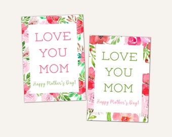 Mother's Day Gift Tags, Tags for Mom, Printable Mothers Day Tags, Instant Download, Love You Mom, Mum, Mama, Nana, 2 styles, Pink Floral