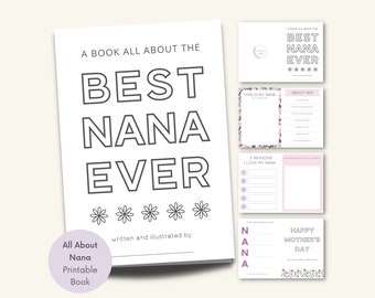 Libro imprimible Todo sobre mi Nana, Cuestionario del Día de la Madre, Tarjeta para colorear para la abuela, Entrevista con Nana, Completar el espacio en blanco, Día de la Madre fácil