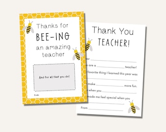 Teacher Appreciation PRINTABLE Gift Card Holder, End of Year, Teacher Thank You Card Set, About Teacher, Appreciation Week, Fill in blank