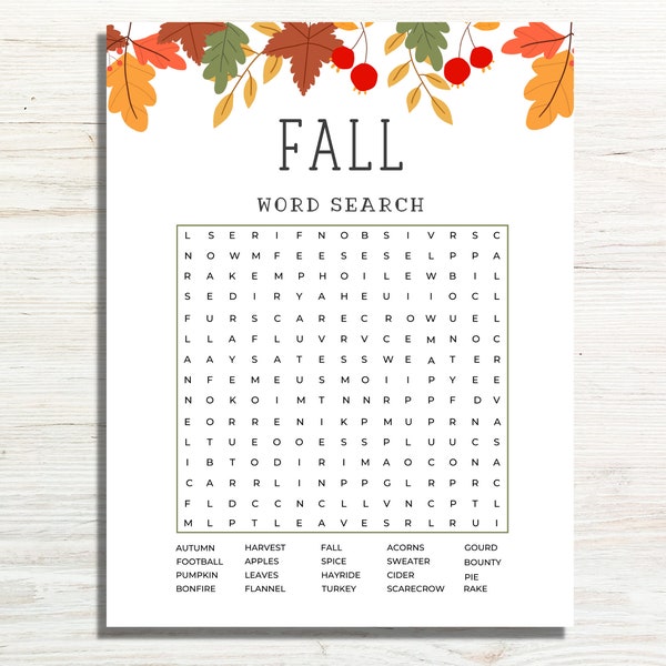 Fall Word Search Printable, Autumn Word Search, Printable Fall Game Card, Fall Activity for Kids and Adults, Classroom Word Find Game