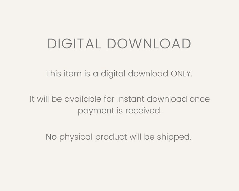 K&ouml;nnte beinhalten: Text auf wei&szlig;em Hintergrund, der lautet: "DIGITALER DOWNLOAD. Dieser Artikel ist ein digitaler Download NUR. Er wird zum sofortigen Download verf&uuml;gbar sein, sobald die Zahlung eingegangen ist. Es wird kein physisches Produkt versandt."