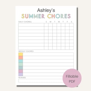 May include: Printable summer chore chart with a colorful design. The chart includes sections for daily and weekly chores, a reward section, and a space for a name. The text "Ashley's Summer Chores" is at the top of the chart. The chart is labeled "Fillable PDF".
