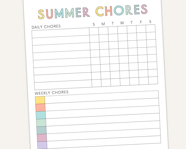 Chore Chart for Kids Printable, Editable Daily Checklist, Summer Weekly ...