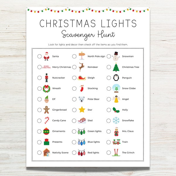 Christmas Lights Scavenger Hunt Printable, Outdoor Scavenger Hunt, Holiday Lights Game, Christmas Activity for Kids Family, Winter Activity