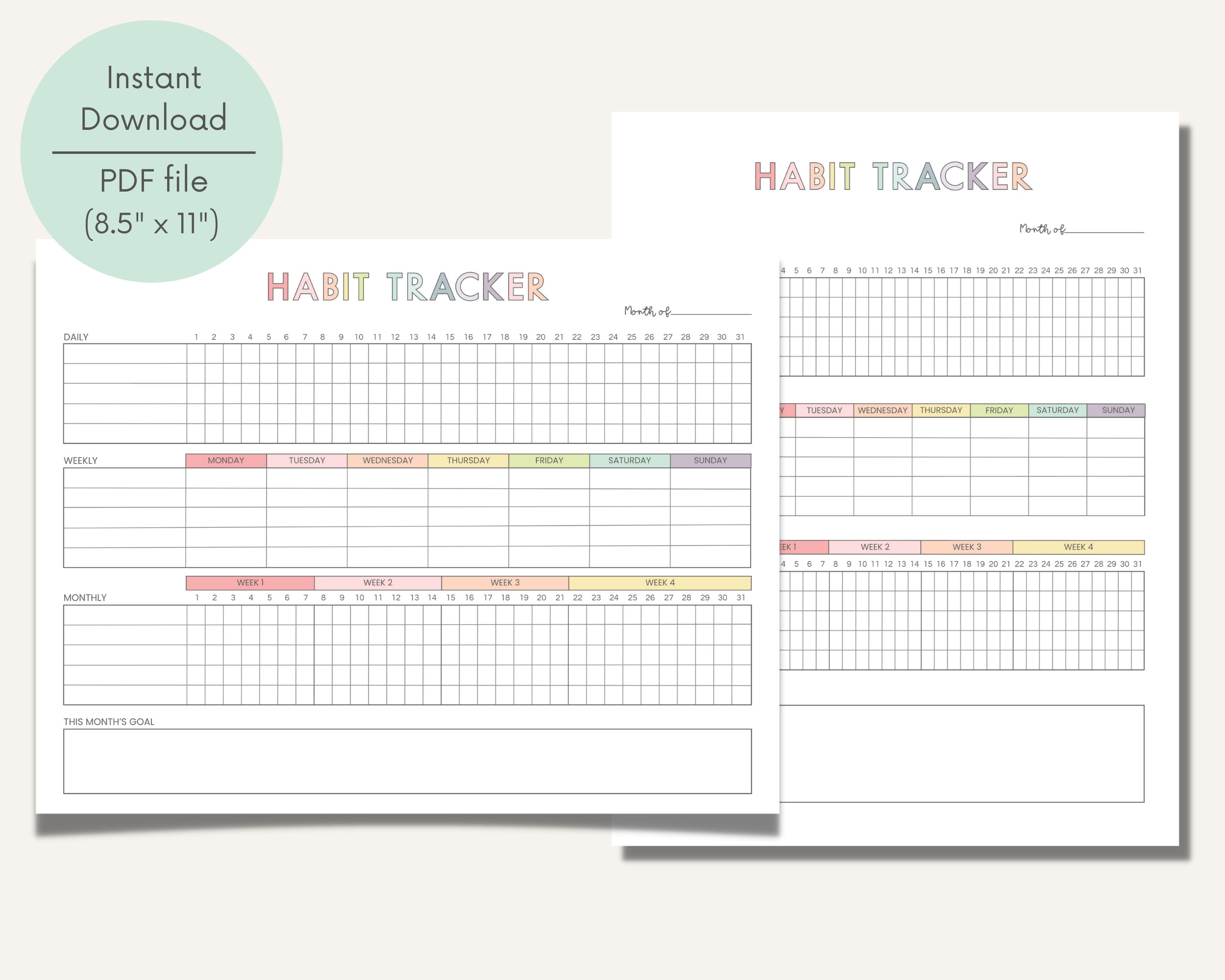 Habit Tracker Printable, Monthly Weekly Daily Habit Tracker, Goal ...