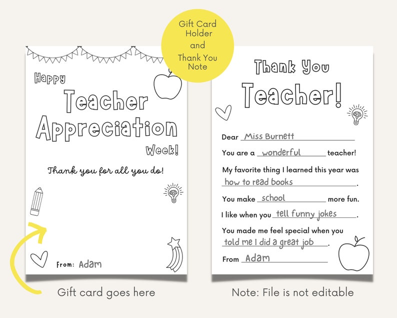 Teacher Gift Card Holder, Teacher Appreciation Printable, All About My Teacher, Teacher Questionnaire, Coloring, End of Year Teacher Gift image 2