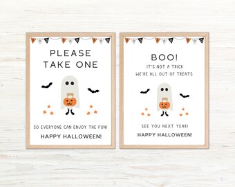 Proszę wziąć jeden znak Halloween do druku, znak Out of Candy, znak Trick or Treat, znak Halloween Candy, znak na drzwi, znak na werandę, dekoracja imprezy