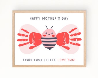 Arte de huellas de manos del Día de la Madre imprimible, Arte de huellas de manos de insectos de amor, Artesanía del Día de las Madres para niños pequeños, Tarjeta para mamá, Preescolar, Regalo de recuerdo para mamá