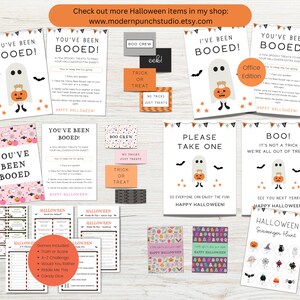 K&ouml;nnte beinhalten: Ein Satz druckbarer Halloween-Partydekorationen mit Geistern, K&uuml;rbissen und Flederm&auml;usen. Die Dekorationen beinhalten Schilder mit den Aufschriften "You've Been Booed!" und "Boo! Es ist kein Trick, wir haben keine S&uuml;&szlig;igkeiten mehr." Es gibt auch druckbare Spiele und Aktivit&auml;ten, wie eine Schnitzeljagd und ein "Would You Rather"-Spiel.