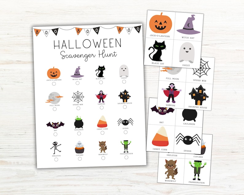 Może przedstawiać: Drukowana gra w halloweenową grę w chowanego z listą kontrolną 16 ikon halloweenowych, w tym dynią, kapeluszem czarownicy, czarnym kotem, duchem, pełnią księżyca, pajęczyną, wampirem, nawiedzonym domem, nietoperzem, kotłem, kukurydzą cukrową, pająkiem, szkieletem, babeczką, wilkołakiem i Frankensteinem.
