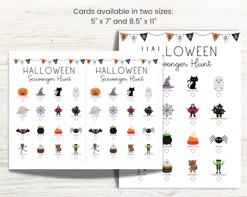 Może przedstawiać: Dwie drukowane karty do gry w halloweenową grę w chowanego. Karty są białe z czarnym tekstem i kolorowymi ilustracjami postaci i przedmiot&oacute;w z halloween. Karty są dostępne w dw&oacute;ch rozmiarach: 5 cali na 7 cali i 8,5 cala na 11 cali.