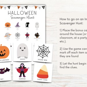 Może przedstawiać: Drukowana karta gry w halloweenową grę w chowanego z ilustracjami dyni, ducha, pajęczyny, nietoperza, wampira i kukurydzy cukrowej. Karta zawiera instrukcje, jak grać w grę.