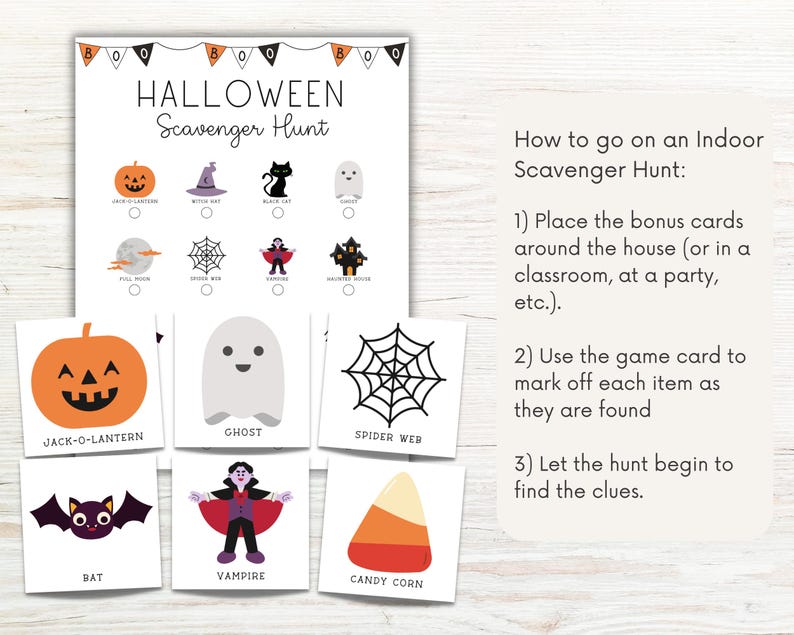 Może przedstawiać: Drukowana karta gry w halloweenową grę w chowanego z ilustracjami dyni, ducha, pajęczyny, nietoperza, wampira i kukurydzy cukrowej. Karta zawiera instrukcje, jak grać w grę.