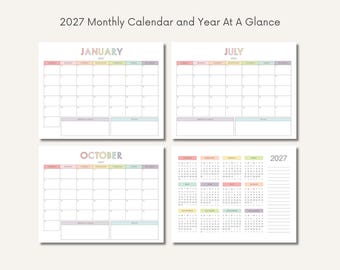 2027 Monthly Calendar Printable, Year at a Glance Template, Homeschool Planner, Minimalist Calendar, A4 Monthly Planner, Schedule, Dated