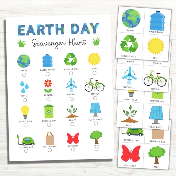 Earth Day Scavenger Hunt Printable with Cards, Earth Day Activities for Kids, Earth Day Games, Indoor Treasure Hunt, Outdoor Activities