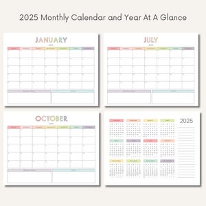 2025 Monthly Calendar Printable, Year at a Glance Template, Homeschool Planner, Minimalist Calendar, A4 Monthly Planner, Schedule, Dated