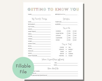 Getting To Know You Editable Printable, Coworker Questions, All About Me Survey, Employee Favorite Things, Appreciation, Gift Exchange Team