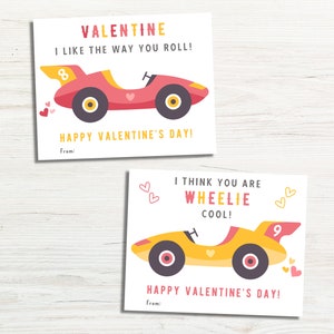 Raceauto Valentijnskaart afdrukbaar, klas Valentijnsdagkaarten voor kinderen, jongen Valentijnskaarten voor klasse, auto thema Valentijn, traktatietags