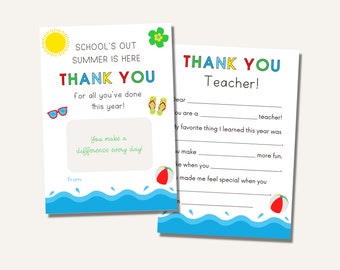 Teacher Appreciation PRINTABLE Gift Card Holder, All About Teacher, End of Year Teacher Thank You Card Set, Appreciation Week, Fill in blank
